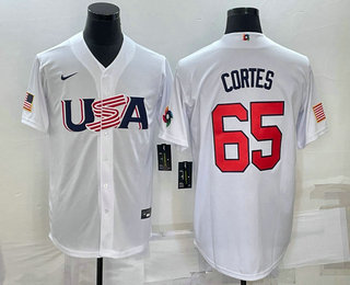 Men%27s USA Baseball #65 Nestor Cortes 2023 White World Classic Stitched Jersey